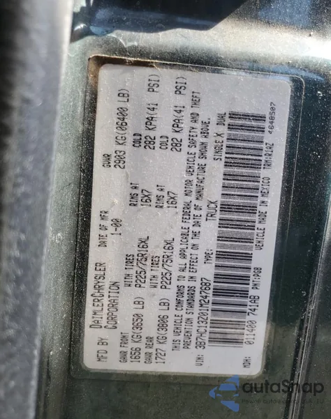 2001 Dodge Ram 1500 из США, поврежденный, VIN 3B7HC13Z01M247687